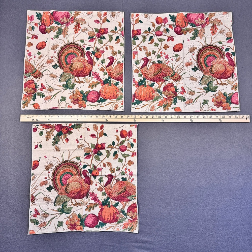 3‎ Vtg Fabric Square Thanksgiving Turkey Cloth Napkin Handkerchief Imagery READ